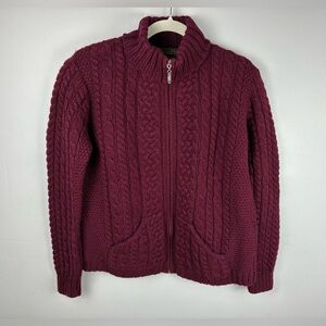 Inis Crafts Women's Irish Merino Wool Aran Cable Knit Cardigan Sweater Sz L